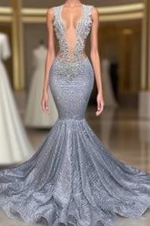Silver Sequins Mermaid Semi Formal Prom Dresses Long With Beads